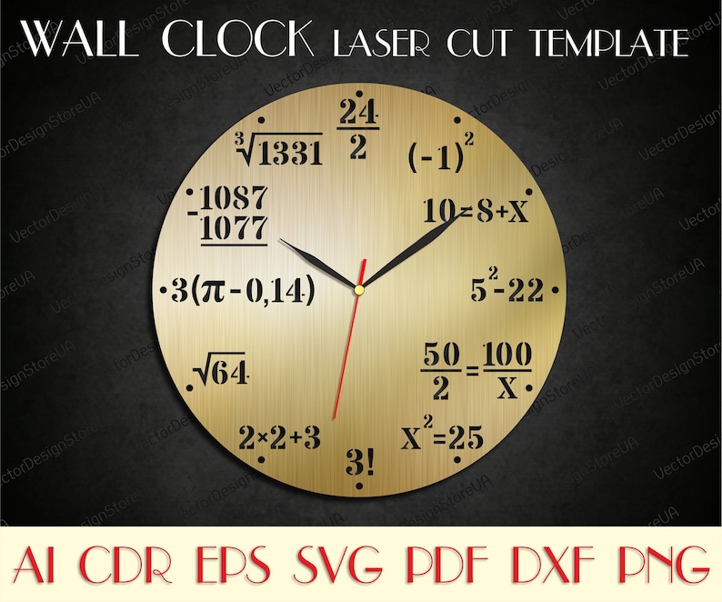 May include: A gold-colored wall clock with a round face and black hands. The clock face features various mathematical equations and symbols, including 24/2, &radic;1331, 3(&pi;-0.14), &radic;64, 2&times;2+3, 3!, 10=8+X, 5&sup2;-22, 50/2=100/X, and X&sup2;=25.