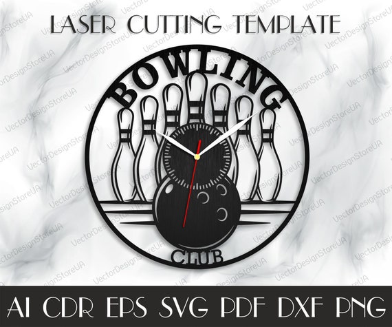 Bowling clock svg,Bowling Gift For Man,Bowling shop sign,Sport clock file,Sport clock,Sport laser cut,Vector for CNC,Clock laser cut WCM-180