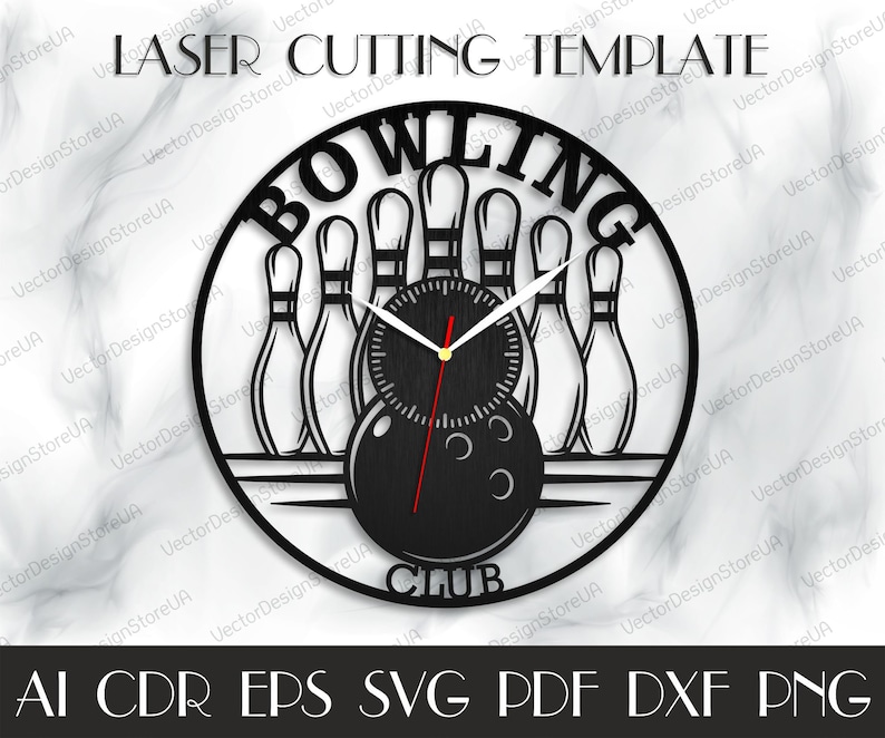 May include: Black laser-cut wall clock with a bowling theme. The clock features a bowling ball, pins, and the words "BOWLING CLUB." The clock hands are white and red. The top of the clock reads "LASER CUTTING TEMPLATE."