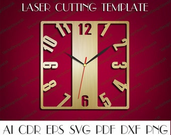 May include: A laser cutting template for a clock face. The clock face is a square with a gold finish and black hands. The numbers 1 through 12 are displayed in a unique, modern font.