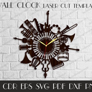 Orologio musicale in formato SVG, Orologio musicale per parete, Arredamento musicale in formato SVG, Arredamento rustico da parete, Arredamento sala da musica, File orologio, Modello tagliato al laser, Piani CNC WCM-65