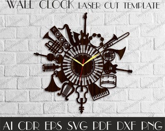 Music Clock svg,Music clock for wall,Music decor svg,Rustic wall decor,Music hall decor,Clock file,Laser cut template,CNC plans WCM-65