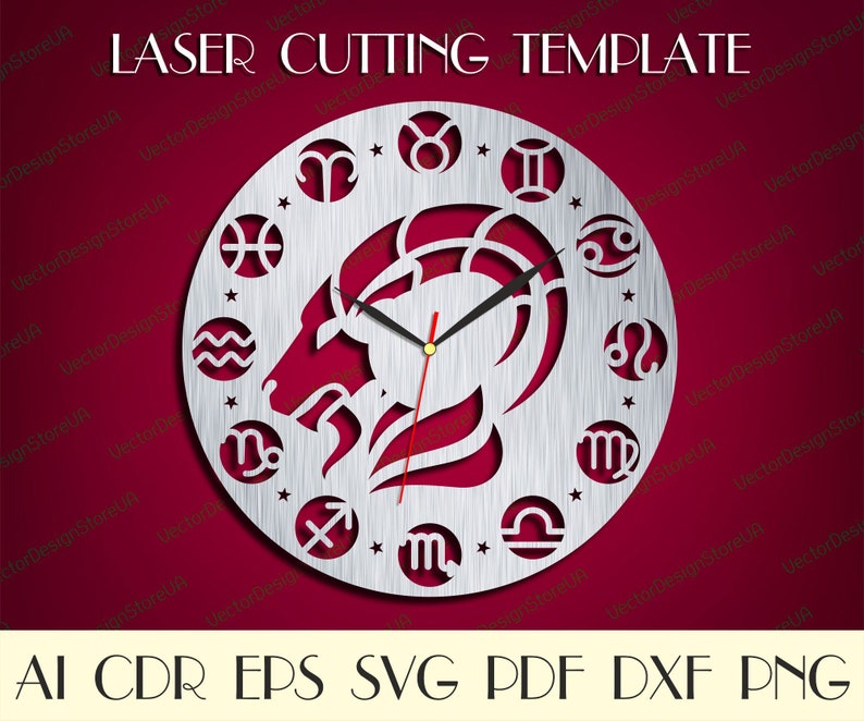 May include: A silver laser cut clock face with the zodiac signs and a goat head in the centre. The clock face is on a red background.  LASER CUTTING TEMPLATE, AI CDR EPS SVG PDF DXF PNG.