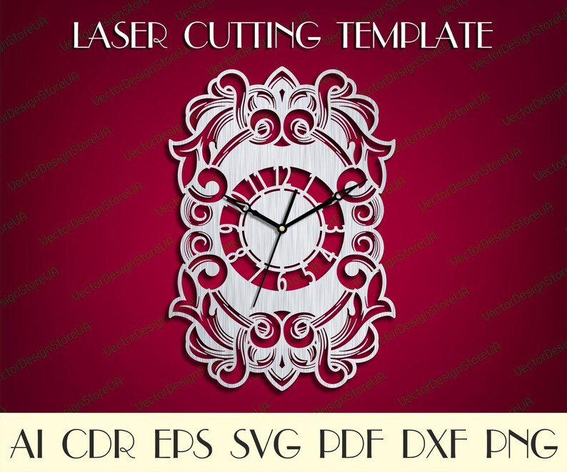 May include: A laser-cut clock template with a decorative, ornate design. The clock face is circular with Roman numerals, and the hands are black. The frame is rectangular with scrolling details. The text "LASER CUTTING TEMPLATE" is at the top.