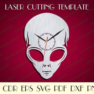 May include: A silver alien head clock face with red and black hands. The clock face is against a red background. The text "LASER CUTTING TEMPLATE" is at the top of the image. The text "AI CDR EPS SVG PDF DXF PNG" is at the bottom of the image.
