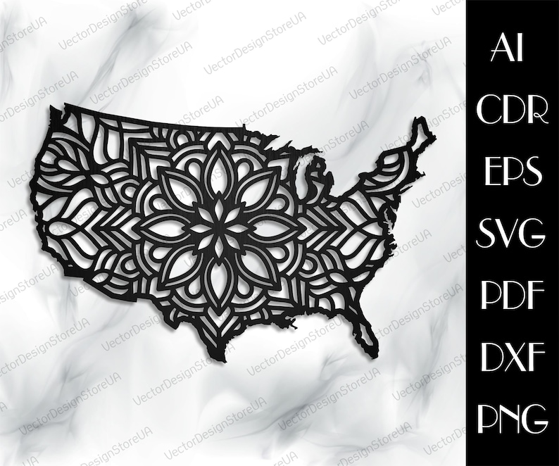 May include: A black and white mandala design in the shape of the United States of America. The mandala design is intricate and detailed, with a floral pattern.