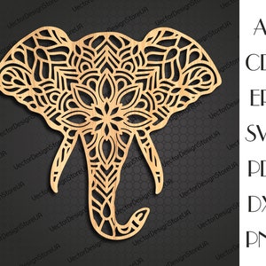 May include: A wooden elephant head with intricate mandala-style patterns. The design features a detailed floral pattern in the center of the head. The image also includes file format options: AI, CDR, EPS, SVG, PDF, DXF, and PNG.