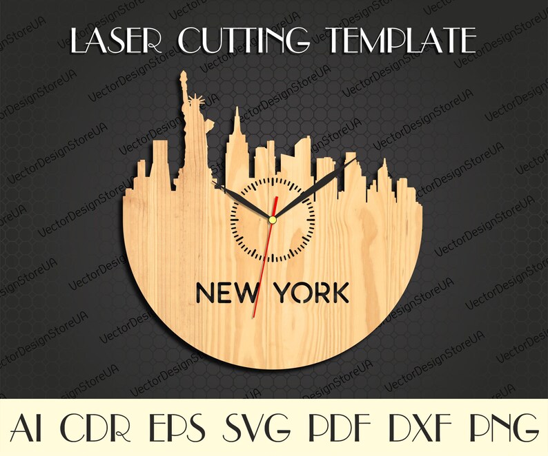 May include: A wooden laser cutting template of a New York City skyline clock. The clock features the Statue of Liberty and city buildings. The clock hands are black, and the second hand is red. The text "NEW YORK" is below the clock face. The words "LASER CUTTING TEMPLATE" are at the top.