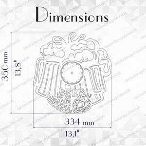 May include: A black and white line art design of a beer mug with a clock face and the word "BEER" in a banner. The design is 13.8 inches tall and 13.1 inches wide.