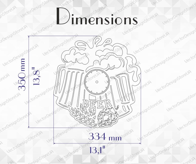 May include: A black and white line art design of a beer mug with a clock face and the word "BEER" in a banner. The design is 13.8 inches tall and 13.1 inches wide.