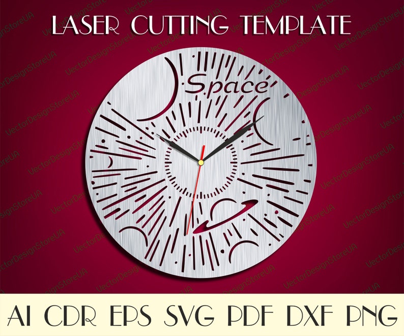 May include: A silver clock face with a laser cut design of planets, stars, and the word "Space". The clock face is on a red background.