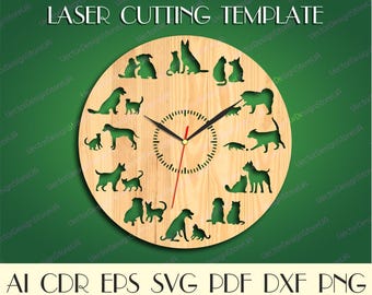 Dekoracja ścienna z psami, kocham koty, sztuka ścienna z kotami, zegar ścienny z psami, koty svg, psy svg, kocham psy, pliki cięte laserowo, zegar svg, plik DXF do lasera WCM-253