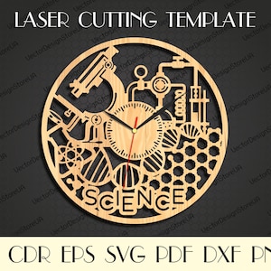 May include: A laser cut wooden clock design featuring a science theme. The clock face is surrounded by images of a microscope, a beaker, a DNA strand, and a honeycomb. The words "SCIENCE" are written below the clock face.