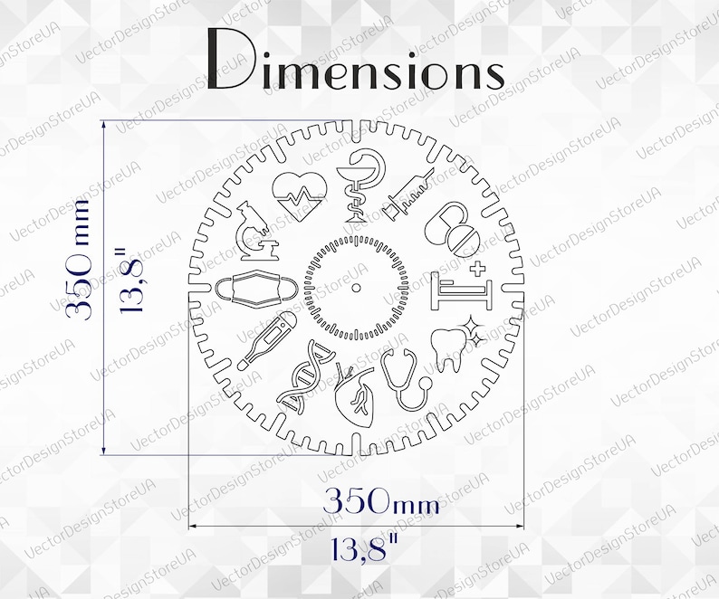 Pu&ograve; includere: Design in bianco e nero di arte lineare di un quadrante di orologio a tema medico con vari simboli medici. Il quadrante dell'orologio ha un diametro di 13,8 pollici.