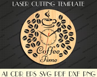 Plik zegara na kawę, Znak kawy svg, Dekoracja kuchni svg, Zegar kuchenny svg, Dekoracja restauracji, Plik zegara, Szablon cięcia laserowego, Plany CNC WCM-7