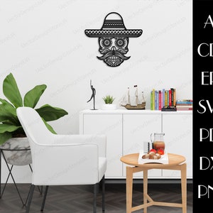 May include: A black and white digital file of a skull wearing a sombrero. The skull has a mustache and a goatee. The sombrero has a decorative design. The image is on a white background.