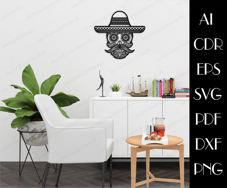May include: A black and white digital file of a skull wearing a sombrero. The skull has a mustache and a goatee. The sombrero has a decorative design. The image is on a white background.