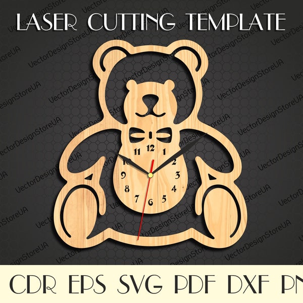 Horloge d’ours en peluche pour mur, Modèle d’ours en peluche , Modèle de découpe laser, Décoration de chambre pour enfants, Cadeau d’anniversaire, Vecteur pour CNC, Horloge de chambre pour enfants WCM-32