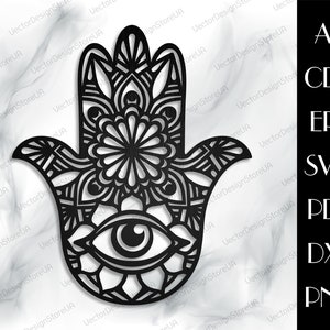 Arte de parede Hamsa Hand, Hamsa hand svg, decoração Hamsa, decoração de parede Fatima hand, decoração Mandala, Mandala svg, arquivos cnc para laser, arquivos de corte a laser LCT-82