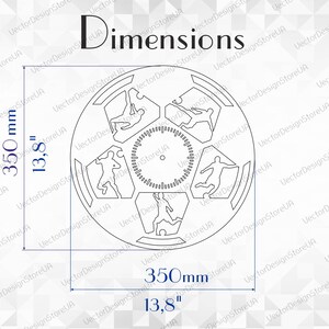 May include: A black and white line drawing of a soccer ball clock face with a diameter of 13.8 inches or 350 millimeters. The clock face is divided into 12 sections, each with a soccer player in a different pose. The clock face is surrounded by a circle with the words "Dimensions" at the top.