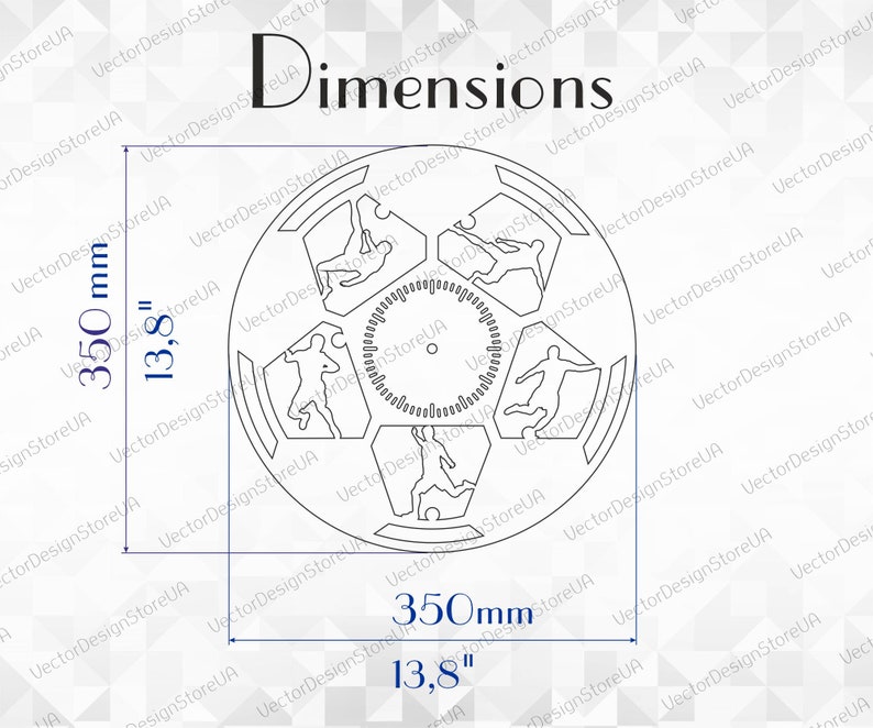May include: A black and white line drawing of a soccer ball clock face with a diameter of 13.8 inches or 350 millimeters. The clock face is divided into 12 sections, each with a soccer player in a different pose. The clock face is surrounded by a circle with the words "Dimensions" at the top.