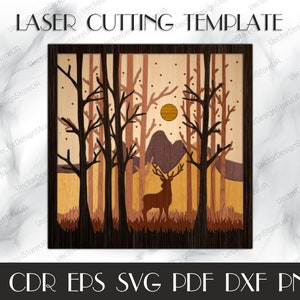 May include: Laser cutting template featuring a deer standing in a forest with a full moon in the background. The design is made up of multiple layers of wood, creating a 3D effect.