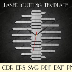 Op de afbeelding: Een lasersnijmal voor een klok met een zilveren metalen afwerking. De wijzerplaat van de klok bestaat uit 12 horizontale lijnen, met een uurwijzer die naar de 12 wijst. De mal is gelabeld met "LASER CUTTING TEMPLATE" en bevat de bestandsformaten AI, CDR, EPS, SVG, PDF, DXF en PNG.