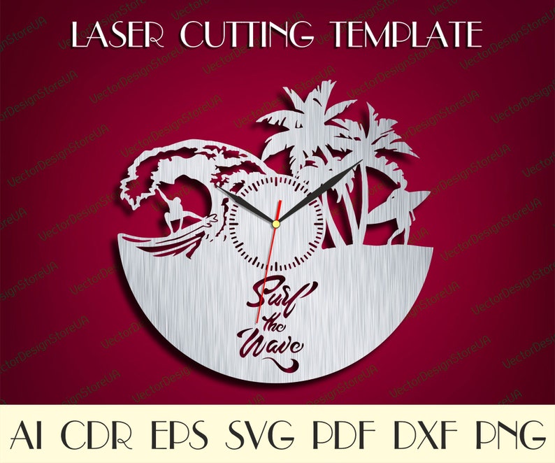 May include: A silver laser cut clock with a surfer riding a wave, palm trees, and the text "Surf the Wave".