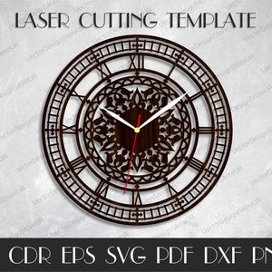 Grande orologio da parete per parete, orologio vintage, orologio da parete in legno, laser cut template, orologio per laser, vettore per CNC, elemento regalo, laser cut Clock WCM-134
