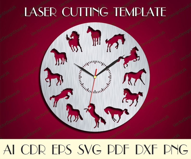 May include: A laser cutting template featuring a clock face with a horse design. The template includes 12 horses in various poses around the clock face. The text "LASER CUTTING TEMPLATE" is at the top of the image. The text "AI CDR EPS SVG PDF DXF PNG" is at the bottom of the image.