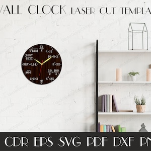 May include: A laser cut template for a wall clock featuring a brown wooden clock face with mathematical equations and a gold clock hand. The clock is hanging on a white wall with a white shelf unit behind it.