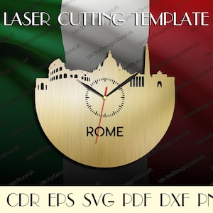 Arte murale di Roma, Roma Italia svg, Orologio da parete di Roma, Silhouette di Roma, Arte italiana, Decorazione italiana, File tagliati al laser, Orologio svg, File Dxf per laser WCT-7