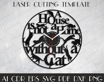 Cats wall clock,Cats svg,Cats wall decor,Cats wall art,Gift with cats,I love cats,Laser cut files,Clock svg,Dxf files for laser WCM-135