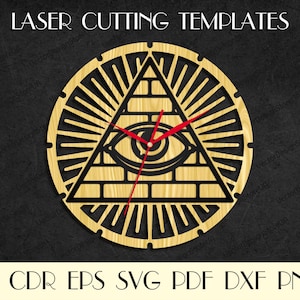 May include: Laser cut template design for a clock featuring an all-seeing eye inside a pyramid with a wood grain texture. The clock face has a sunburst design with rays emanating from the center.