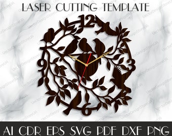 Sztuka ścienna z ptakami, Zegar ścienny z ptakami, Dekoracja domu z ptakami, Ptaki svg, Szablon wycinany laserowo, Unikalny zegar, Pliki do lasera, Wektor do CNC, Zegar svg WCM-199