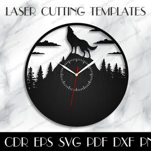 Decorazione da parete lupo, lupo svg, arte da parete lupo, regalo lupo, orologio lupo dxf, arte da parete natura, decorazione caccia, decorazione natura, file tagliati al laser, orologio svg WCM-257