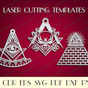 May include: Three laser cutting templates featuring Masonic symbols. The first template is a compass and square with a skull and crossbones in the center. The second template is an all-seeing eye within a triangle. The third template is a pyramid with an all-seeing eye at the top.
