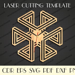 May include: A wooden laser-cut clock with a geometric design. The clock features a light-colored wood face with black hands and a red second hand. The clock's design includes the text "LASER CUTTING TEMPLATE" and file type options.