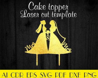 Topper na tort Pani i Pani, Topper na tort weselny Lesbijki, Panna Młoda i Panna Młoda SVG, Topper na tort Sylwetka Lesbijki, Dekoracja Pani Pani, Topper na tort CNC CTT-89
