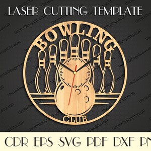 May include: Wooden laser-cut wall clock with a bowling theme. The clock features a bowling ball, pins, and the words "BOWLING CLUB." The clock hands are black and red. The text "LASER CUTTING TEMPLATE" is at the top. Below are file format options.