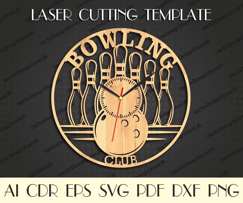 May include: Wooden laser-cut wall clock with a bowling theme. The clock features a bowling ball, pins, and the words "BOWLING CLUB." The clock hands are black and red. The text "LASER CUTTING TEMPLATE" is at the top. Below are file format options.