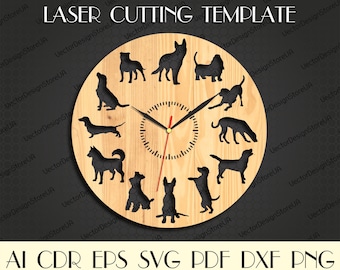 Dogs wall decor,Dogs wall art,Dogs wall clock,Dogs svg,Gift with Dogs,I love Dogs,Laser cut files,Clock svg,Dxf files for laser WCM-115