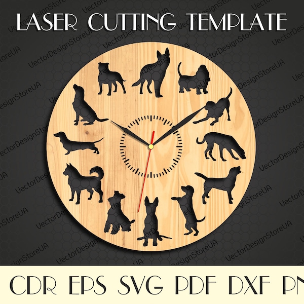 Hunde Wanddekor,Hunde Wandkunst,Hunde Wanduhr,Hunde svg,Geschenk mit Hunden,I love Dogs,Laser cut Dateien,Clock svg,Dxf-Dateien für Laser WCM-115