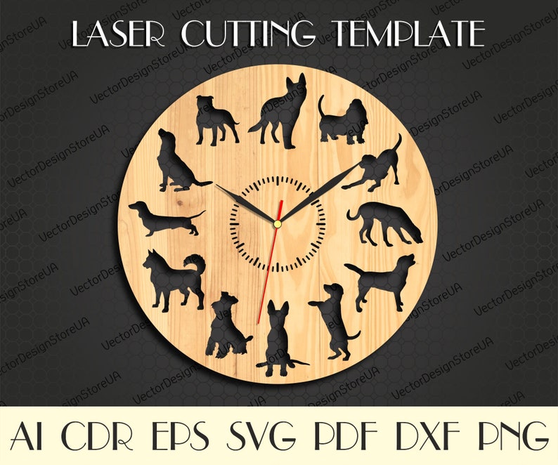 Peut inclure: Un mod&egrave;le de d&eacute;coupe laser pour une horloge avec un fond en bois, un cadran d'horloge et 12 races de chiens diff&eacute;rentes autour du cadran. Le texte "LASER CUTTING TEMPLATE" est en haut du cadran.