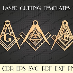 May include: Two laser cut wooden Masonic compass and square designs. The designs feature a compass with an all-seeing eye and a square with a letter G in the center.