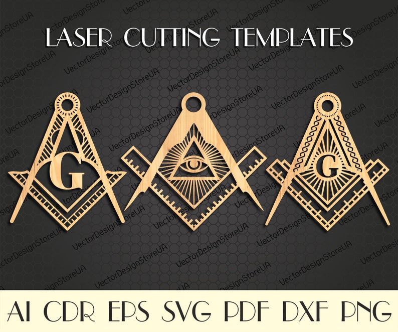 May include: Two laser cut wooden Masonic compass and square designs. The designs feature a compass with an all-seeing eye and a square with a letter G in the center.
