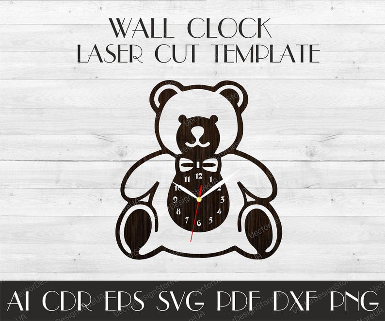 Kids room clock WCM-32 Laser cut template Vector for CNC Birthday gift Kids room decor Teddy bear template Teddy bear clock for wall