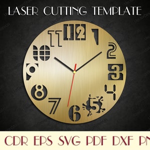 May include: A gold-colored laser-cut clock template with black hands and a red second hand. The clock face features cut-out numbers and the text "LASER CUTTING TEMPLATE". Includes AI, CDR, EPS, SVG, PDF, DXF, and PNG file formats.