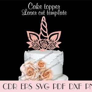 May include: A pink glitter unicorn cake topper with three roses. The topper is designed for laser cutting.