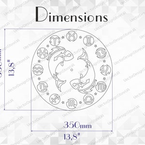 May include: A black and white line drawing of the zodiac signs arranged in a circle. The circle is 13.8 inches in diameter. The words "Dimensions" are written above the circle.
